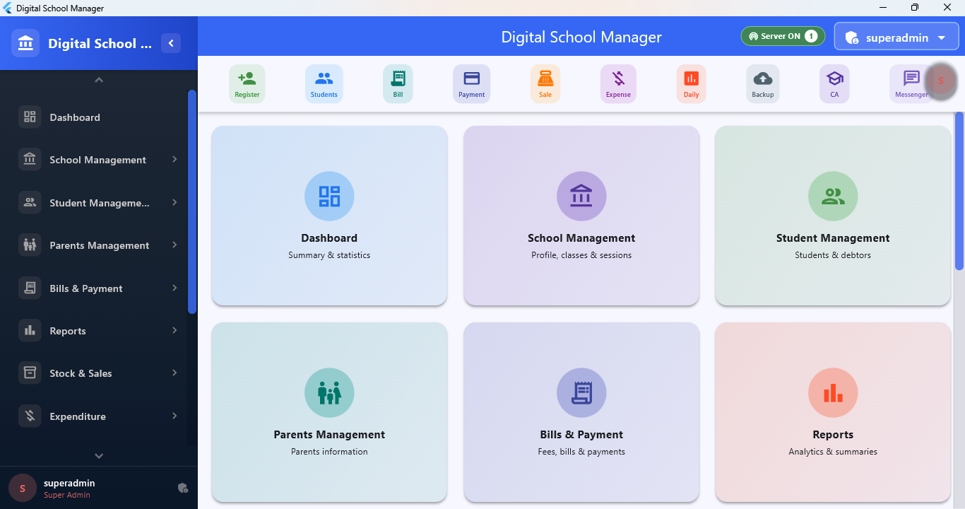 Digital School Manager desktop home screen